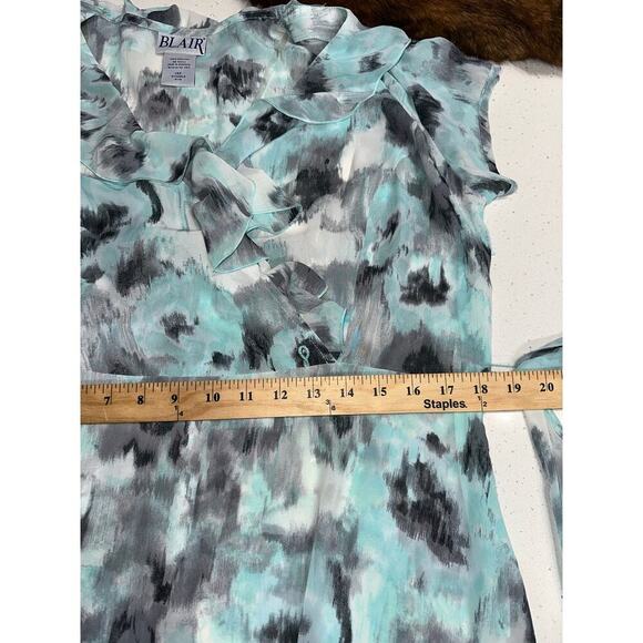 Blair Faux Wrap Dress Watercolor  aqua gray 14P Ruffles Sheer Y2K Coquette Fairy - Picture 12 of 15